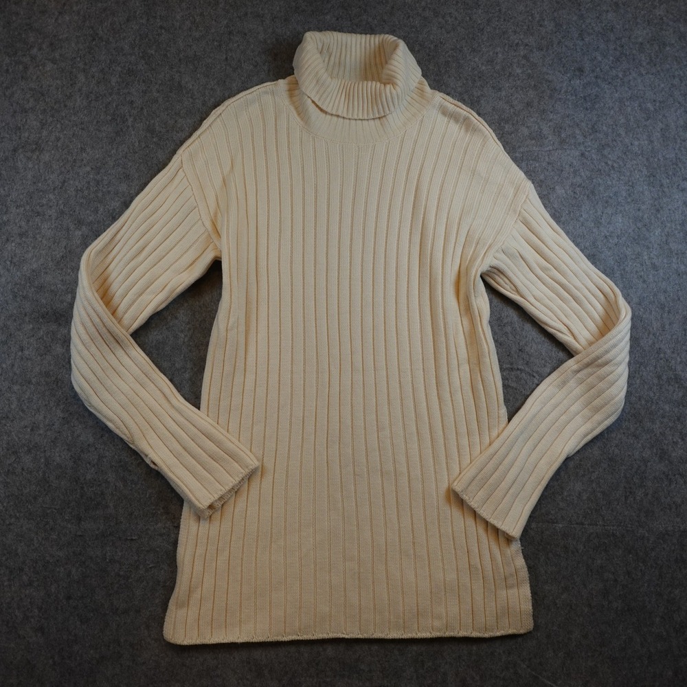 Equipment Sweater Women Medium Cream Calihan Turtleneck Ribbed Wool Tunic Slit